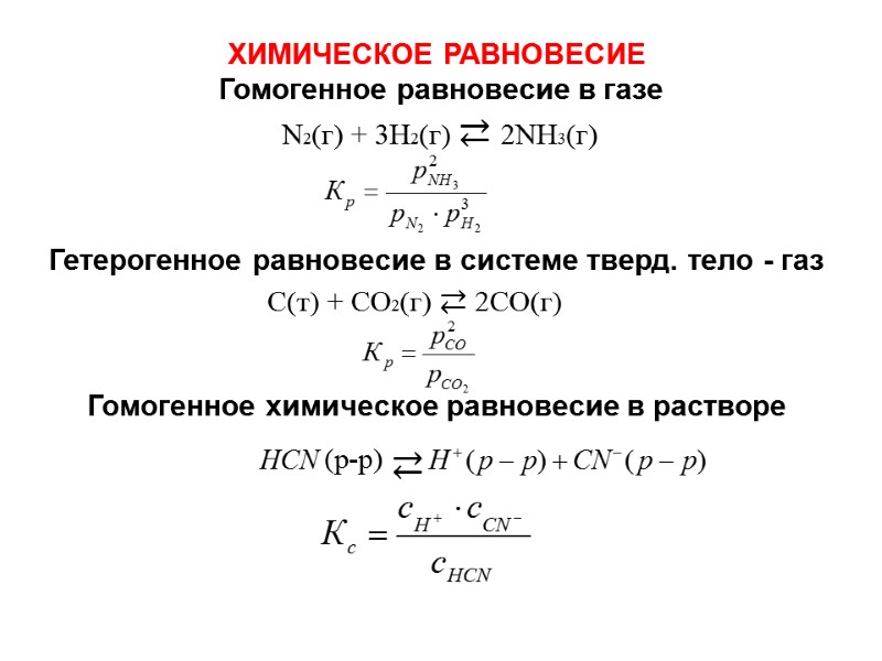 ХИМИЧЕСКОЕ РАВНОВЕСИЕ  Гомогенное равновесие в газе  N2(г) + 3H2(г) ⇄ 2NH3(г) 
